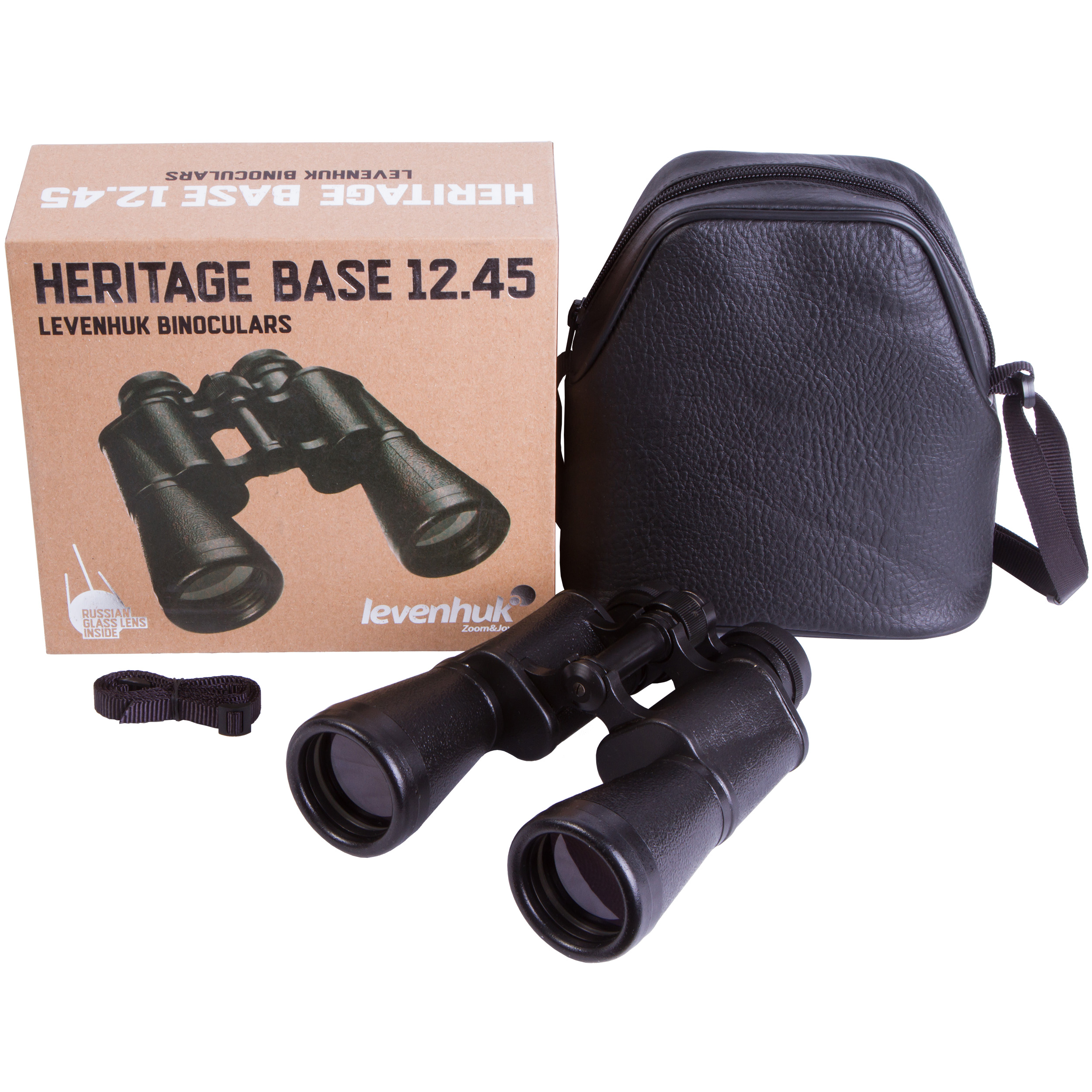 Prismáticos Levenhuk Heritage Base 12x45, caja y accesorios